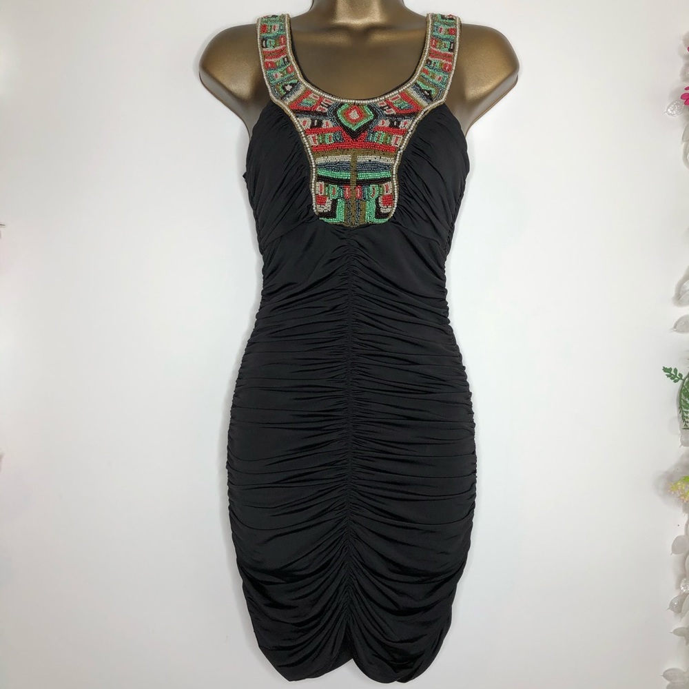 Arden B. Black bodycon dress with tribal beading